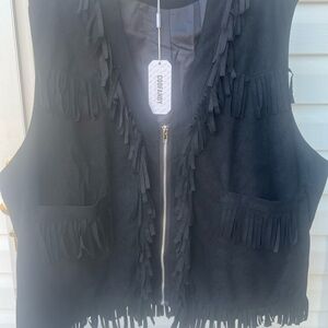 NWT Western Fringe Vest Mens XL Womens XXL  Black Faux Suede Hippie